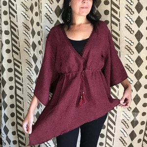 Fairy dress | Boho kaftan top | Bordeaux asymmetrical top | Long blouse | Raw cotton top