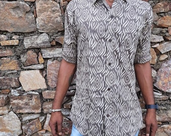 Camicia da uomo con stampa etnica: stampa a blocchi di cotone a maniche lunghe