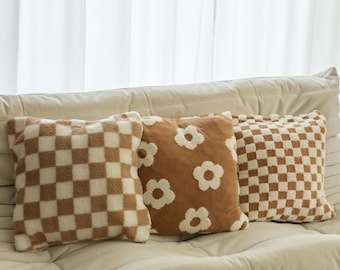Checkered Faux Fur Sherpa Decorative Cushion Cover, Pillow Covers, Pillowcases, 45cm x 45cm, 20" x 20" Decorative Pillows