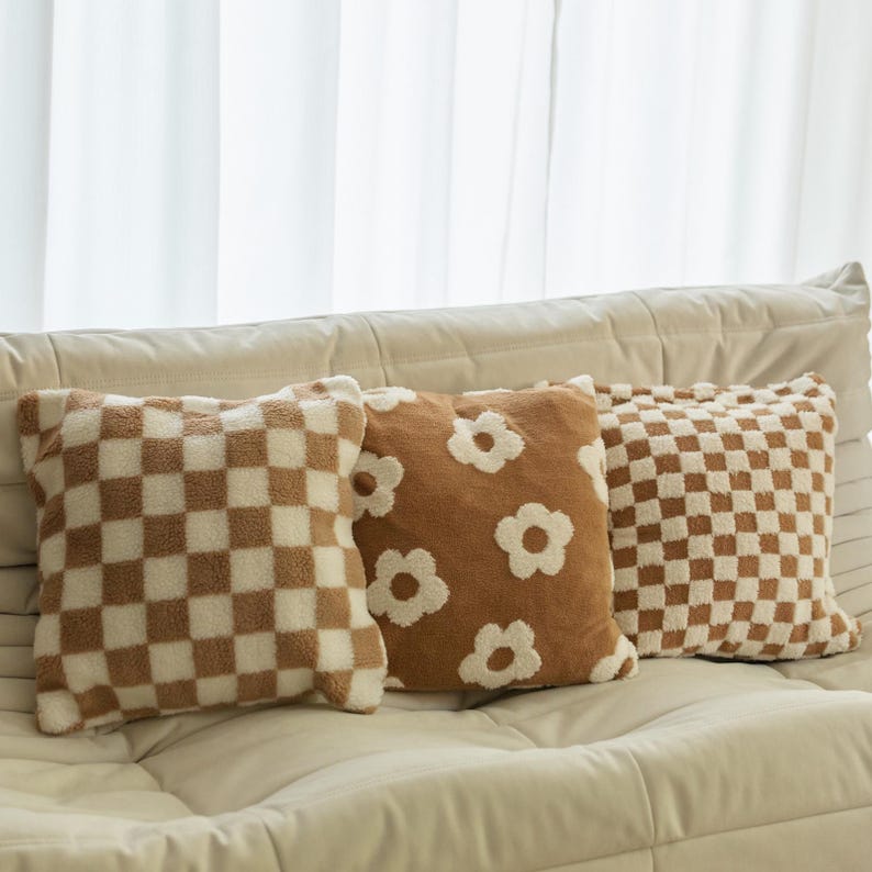 Checkered Faux Fur Sherpa Decorative Cushion Cover, Pillow Covers, Pillowcases, 45cm x 45cm, 20" x 20" Decorative Pillows