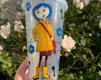 Handmade Coraline Frosted Venti Starbucks inspired tumbler coated in a layer of epoxy resin.