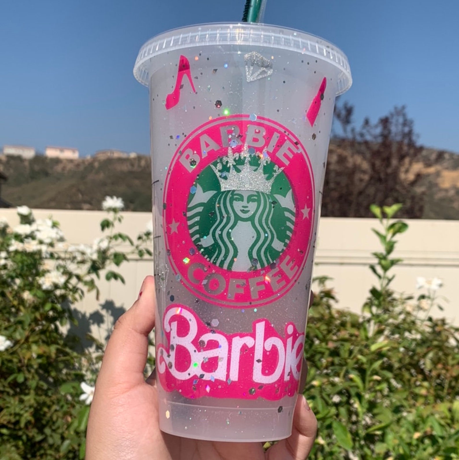 Barbie Starbucks Inspired Tumbler Coated in Glittery Epoxy Etsy