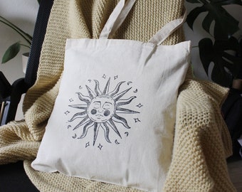 Printed Sun Tote Bag – Vintage Celestial Design, 100% Cotton