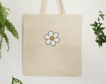 Hand Embroidered Smiley Daisy Tote Bag – 100% Cotton Reusable Shopping Bag
