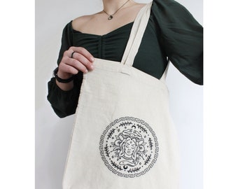 Hand Embroidered Medusa Tote Bag – Greek Mythology Cotton Shopping Bag