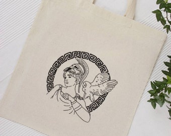 Hand Embroidered Athena Owl Tote Bag – Greek Mythology 100% Cotton