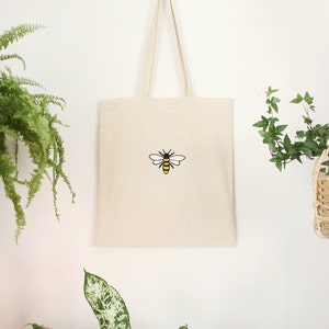 Hand Embroidered Bee Tote Bag - 100% Cotton, Eco Friendly, Shopping Bag, Reusable Bag