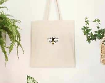 Hand Embroidered Bee Tote Bag – 100% Cotton Reusable Shopping Bag