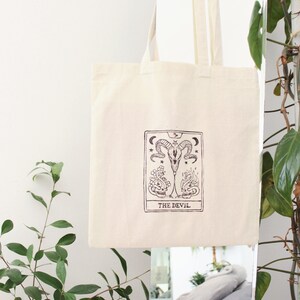 Borsa tote con carte dei tarocchi stampata "Il diavolo" - Segno zodiacale Capricorno - 100% cotone, ecologica, borsa per la spesa, borsa riutilizzabile