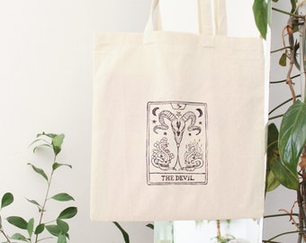 The Devil Tarot Card Print Tote Bag – Zodiac Capricorn, Cotton Shopping Bag