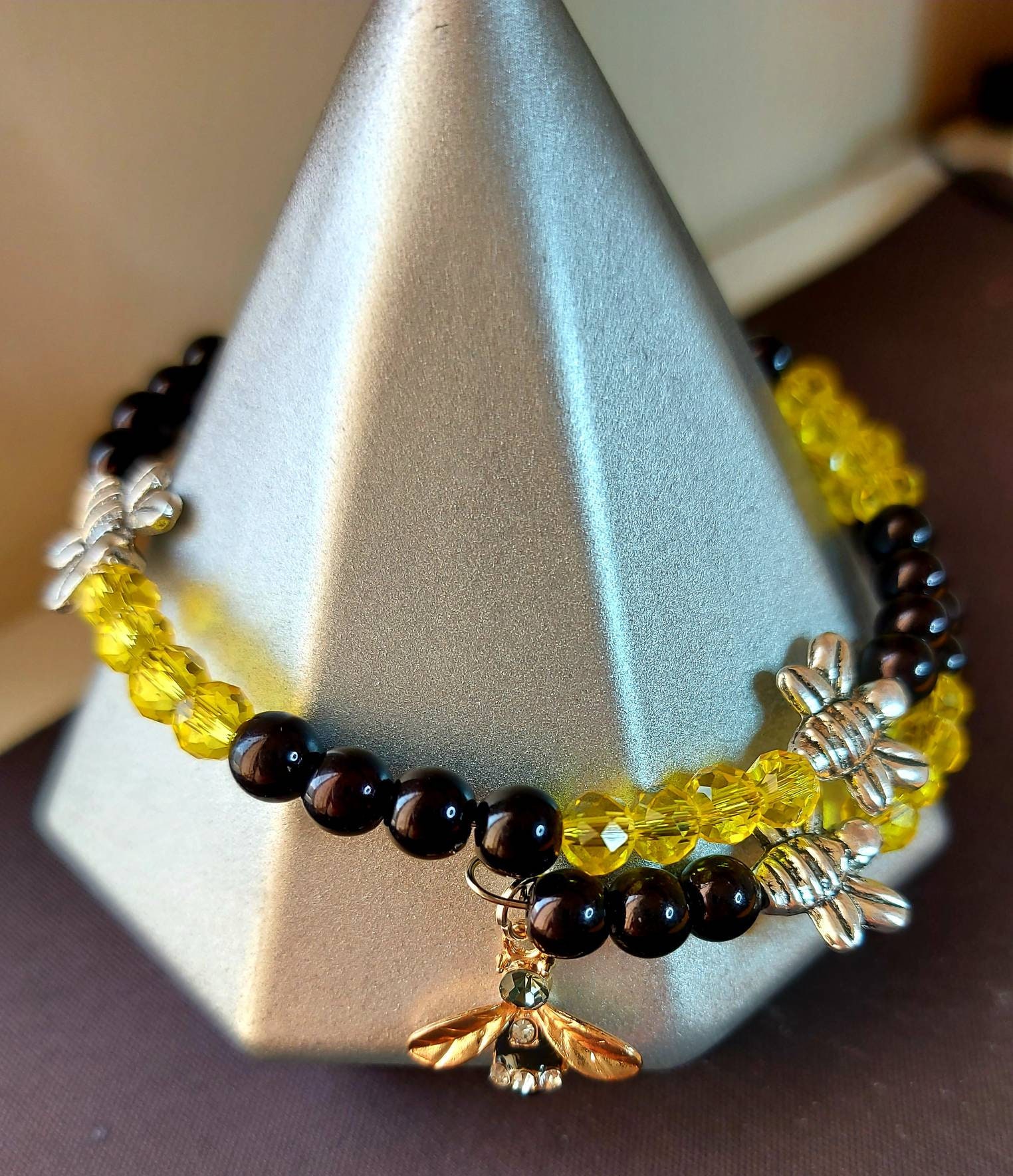 Bee bracelet with silver bee spacer beads and yellow and black Etsy