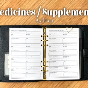 Medicines & Supplements Planner Inserts/ Medical Log/ A5 or Half Letter Personal