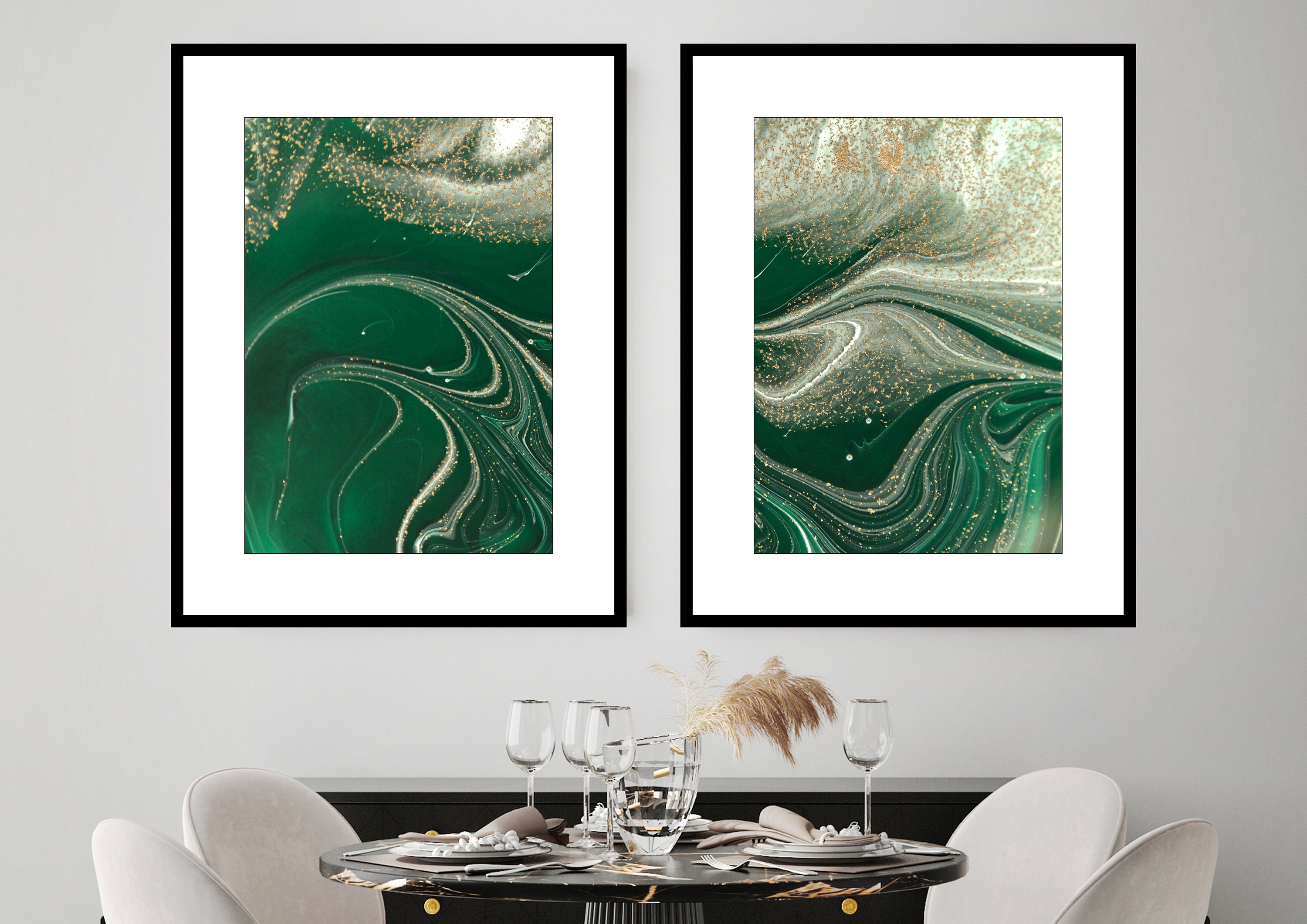 Set of 2 Green and Gold Abstract Art Prints Green Gold Wall Etsy