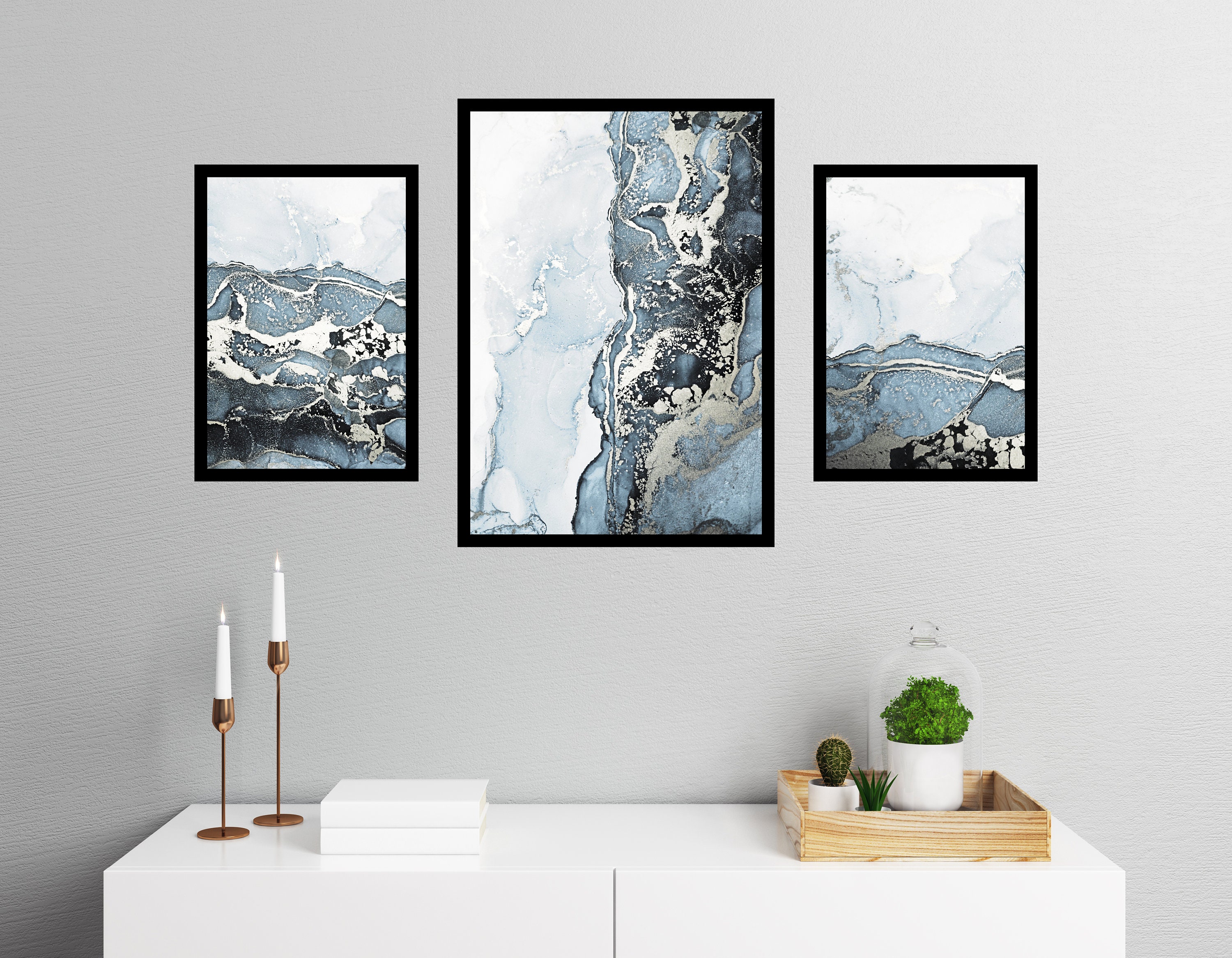 Set of 3 Silver Black & Blue Abstract Wall Art Prints for Etsy UK