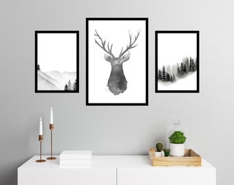 Set of 3 Stag In The Hills Wall Art Prints for Bedroom Living Room Home Office Dining Room Kitchen Bathroom