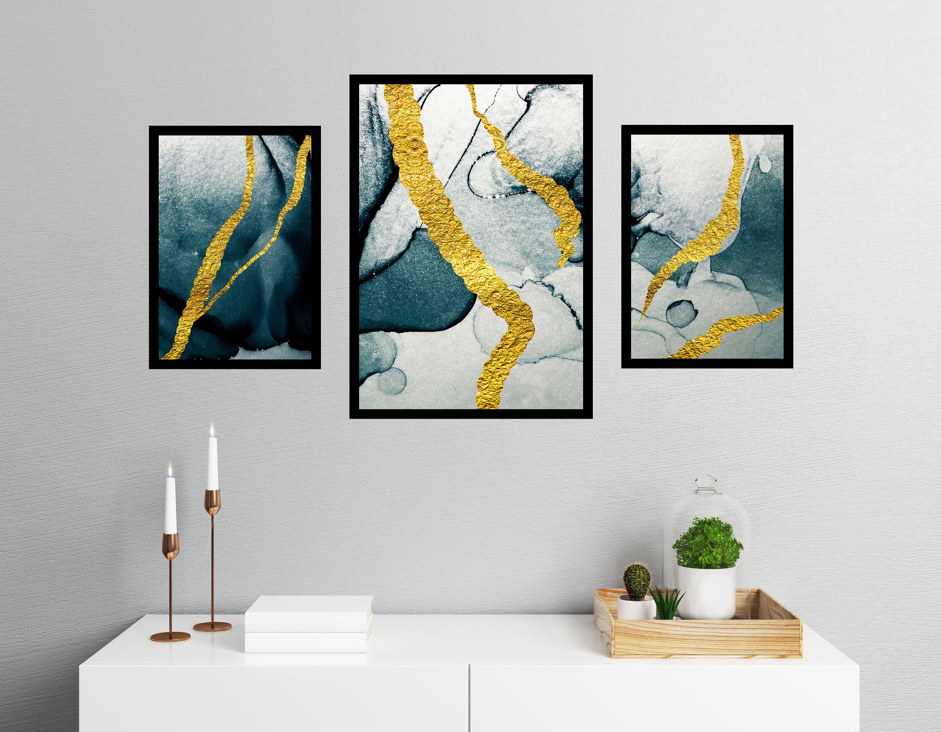 Set of 3 Teal & Gold Abstract Wall Art Prints for Bedroom Etsy