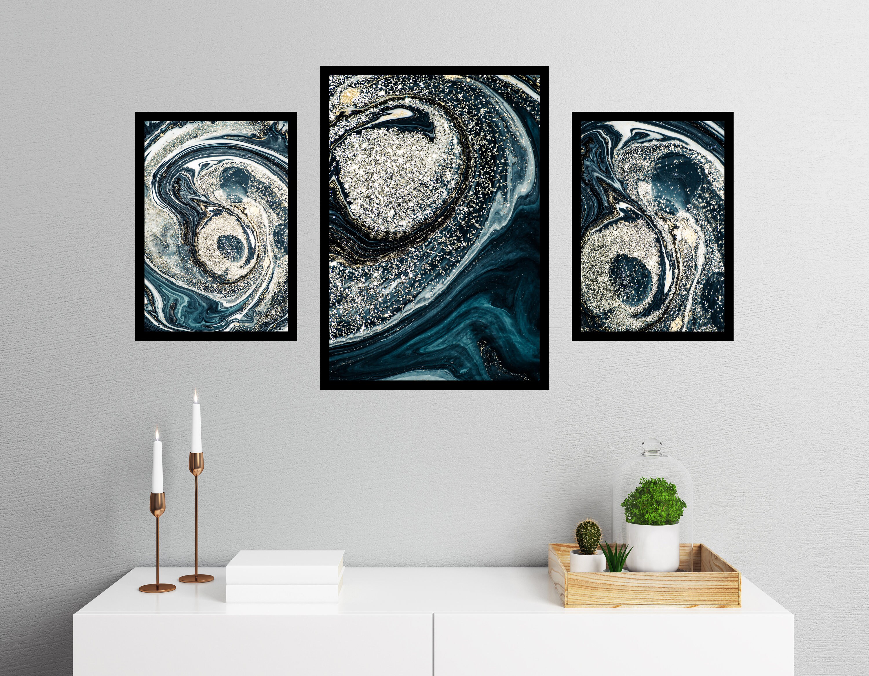 Set of 3 Silver Teal and Black Abstract Wall Art Prints for Etsy UK