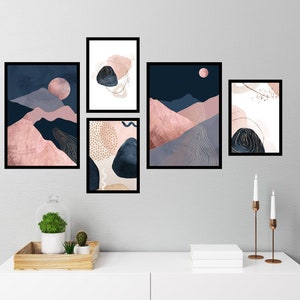 Gallery Wall Art Set of 5 Prints, Abstract Prints, Bedroom Gallery Wall, Living Room Gallery Wall Art Set Blush Pink and Blue