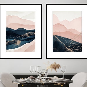Set of 2 Pink Blue Landscape Art Prints | Pink Blue Landscape Wall Art | Gallery Wall Set for Bedroom Living Room Bathroom | A2 A3 A4 A5