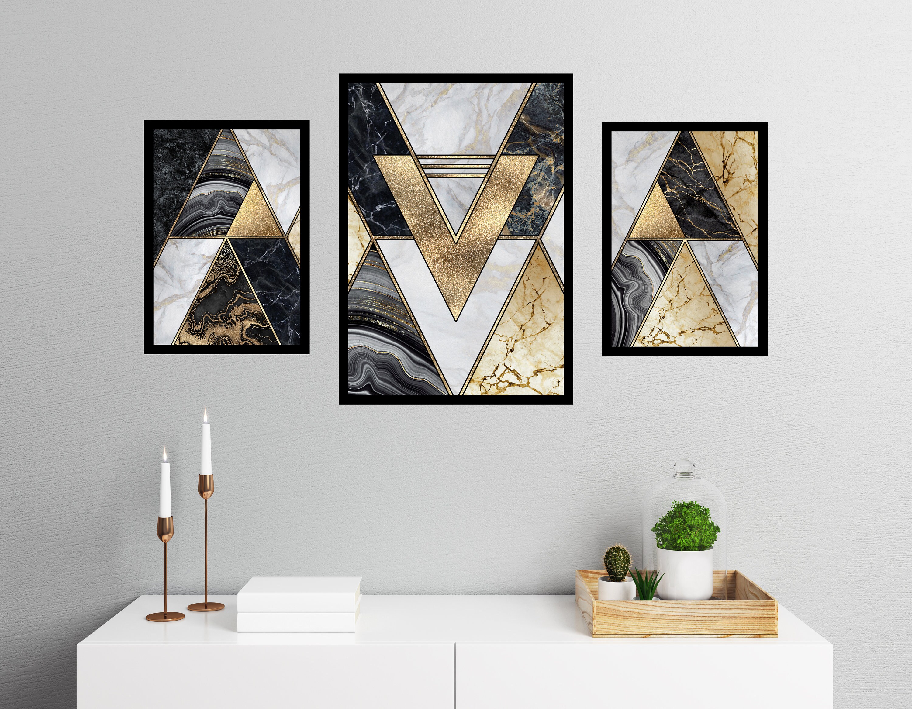 Set of 3 Black and Gold Triangle Wall Art Prints for Bedroom Etsy UK