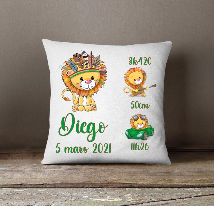 Coussin Naissance Personnalisé Lion - Cadeau Personnalisé
