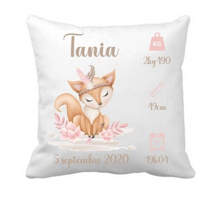 Coussin  personnalisé renard - cadeau naissance bébé prénom - fox - bébé fille