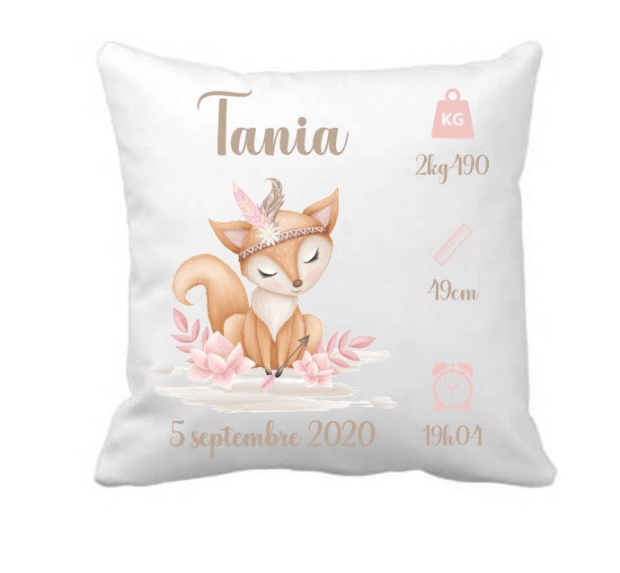 Coussin Personnalisé Renard - Cadeau Naissance Bébé Prénom Fox Fille