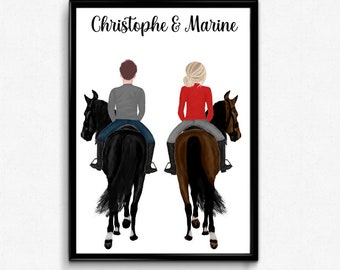 personalized horse couple portrait - rider gift - rider - horse riding - horse rider couple portrait - Valentine's Day