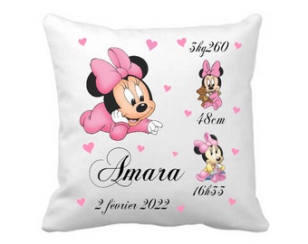 Coussin naissance personnalisé Minnie bébé - cadeau naissance prénom - bébé fille