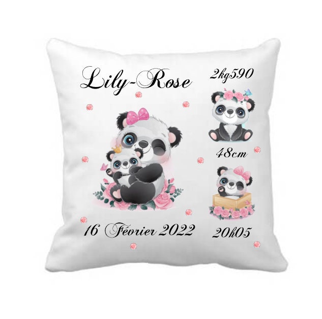 Coussin Personnalisé Panda Bébé Fille - Cadeau de Naissance