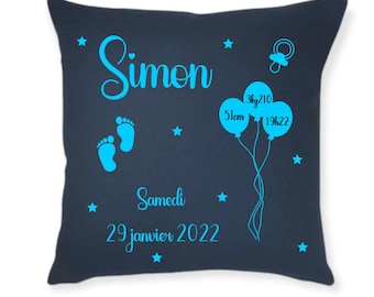 Coussin personnalisé bébé garçon- cadeau naissance prénom  - idée cadeau de naissance - couleur bleu