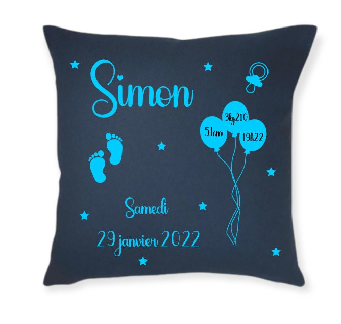 Coussin Personnalisé Bébé Garçon- Cadeau Naissance Prénom - Idée de Couleur Bleu