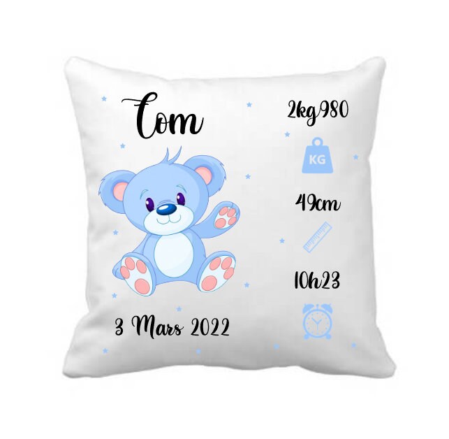 Coussin Naissance Personnalisé Ourson Bébé - Cadeau Prénom Garçon