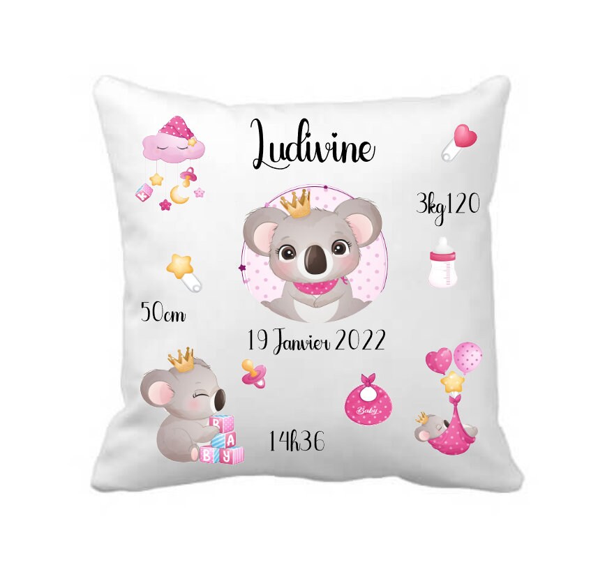 Coussin Naissance Personnalisé Koala Bébé Fille - Cadeau Prénom Enfants Bébé