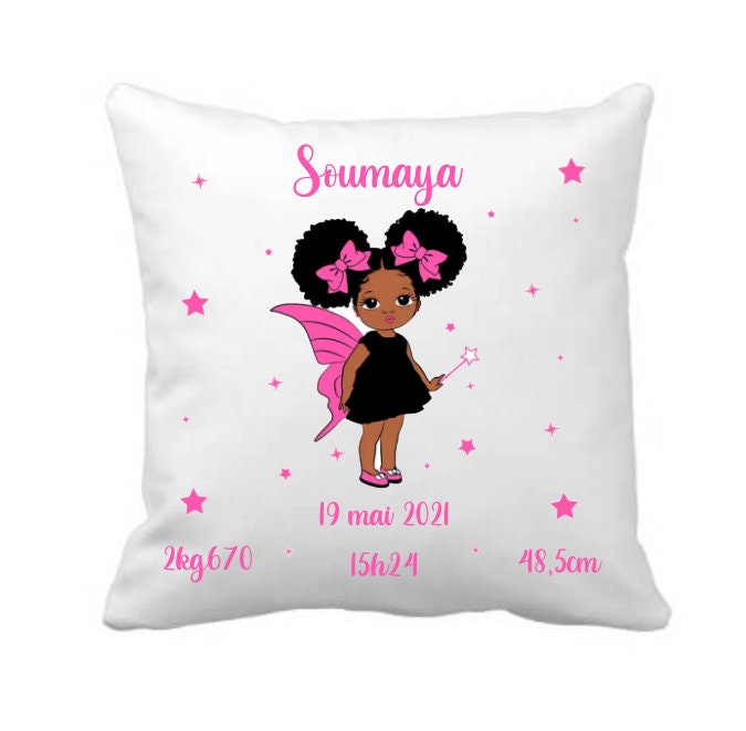 Coussin Personnalisé Bébé Métisse- Cadeau Naissance Prénom - Anniversaire Fille Personnalisable Fée