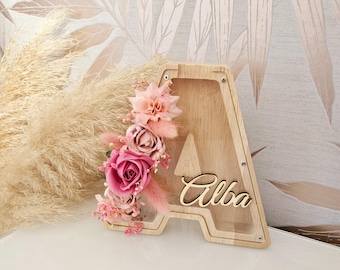 Tirelire initial Personnalisée avec Prénom et Fleurs Séchées – Cadeau Unique pour Naissance, Baptême ou Anniversaire -  tirelire lettre A