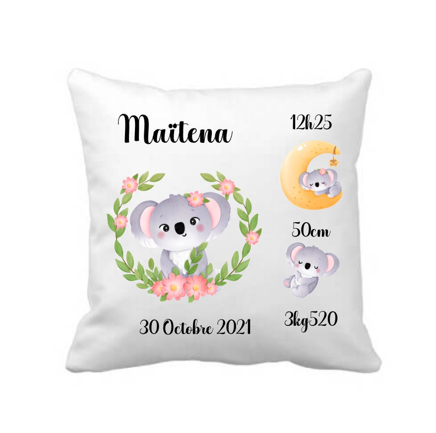 Coussin Naissance Personnalisé Koala - Cadeau Prénom Enfants Bébé