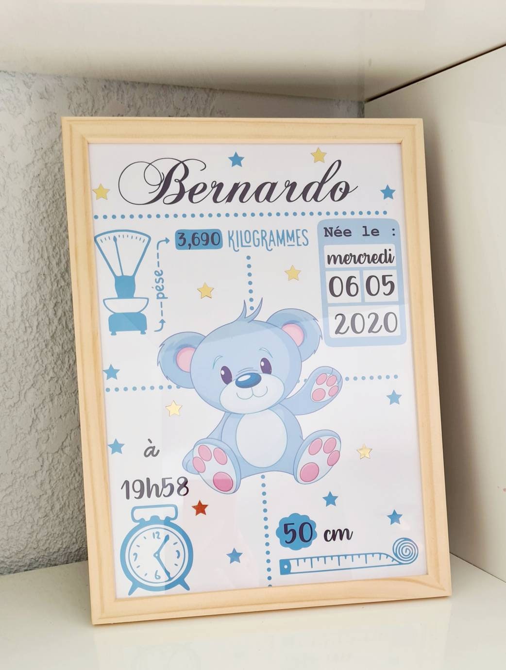 Affiche - Cadre Naissance Ourson Bleu ou Rose Cadeau de Personnalisé