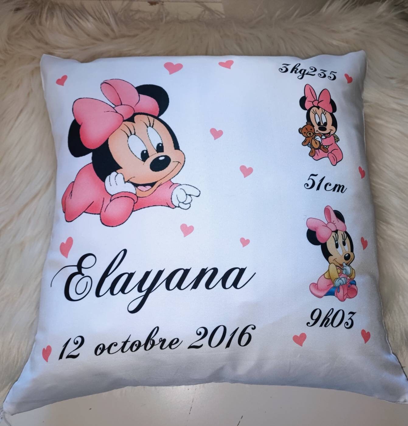 Coussin Naissance Personnalisé Minnie Bébé - Cadeau Prénom Fille