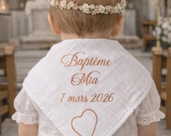 Lange Baptême Personnalisé Coton Blanc – Prénom Date – Bébé Enfant Ado – Cadeau Baptême Mixte – Châle étole de baptême bébé enfant