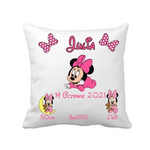 Personalized Minnie birth cushion - personalized birth gift - baby first name cushion - date of birth - children