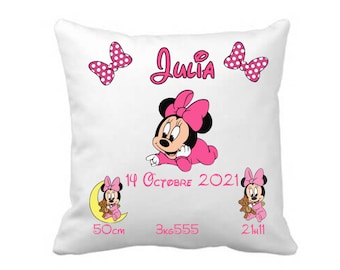 Coussin naissance personnalisé minnie - cadeau naissance personnalisé - coussin prénom date de naissance bébé - enfants