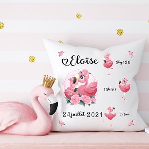 Coussin personnalisé  flamant rose - cygne - cadeau naissance prénom - bébé fille enfants