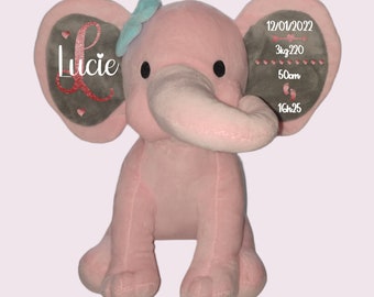 éléphant personnalisé - cadeau de naissance bébé - doudou souvenir - cadeau personnalisé pour bébé fille