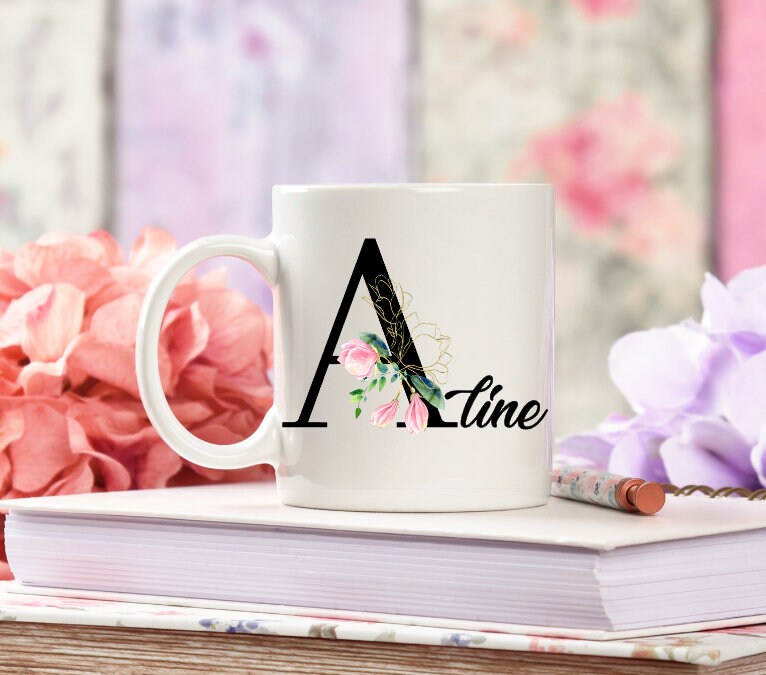Mug Prénom Personnalisé - Lettre Floral Monogramme Mug Personnalisable
