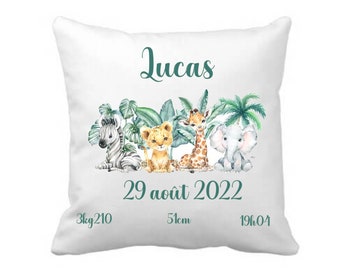 Coussin personnalisé animaux savane jungle - cadeau naissance personnalisé - cadeau bébé