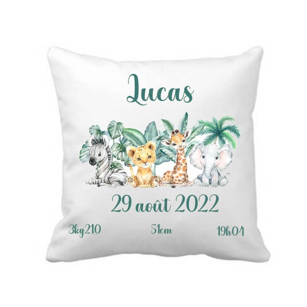 Coussin personnalisé animaux savane jungle - cadeau naissance personnalisé - cadeau bébé