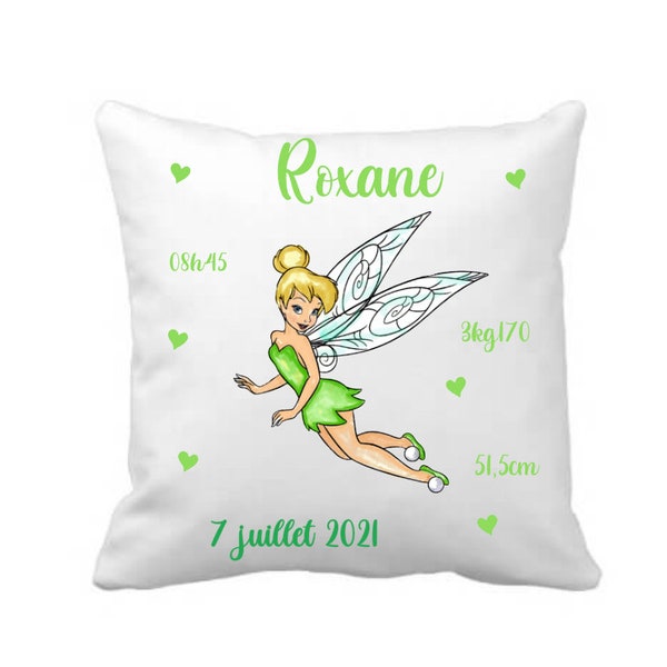 Coussin naissance personnalisé fée clochette  - cadeau naissance personnalisé