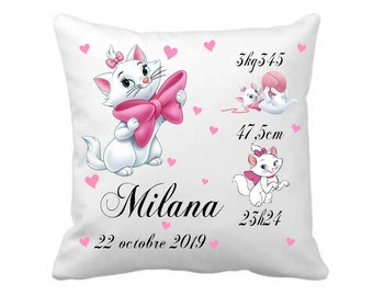 Coussin naissance personnalisé  marie aristochat - cadeau naissance chat prénom enfants bébé - cadeau de noël