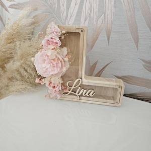 Tirelire initial Personnalisée avec Prénom et Fleurs Séchées – Cadeau Unique pour Naissance, Baptême ou Anniversaire -  tirelire lettre